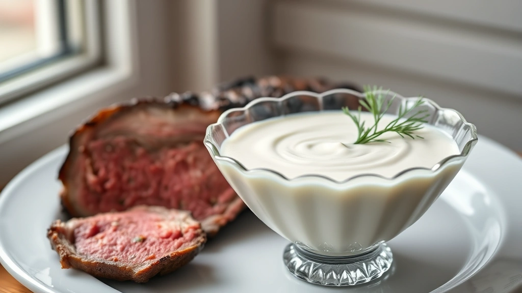 hero: Elegant white horseradish cream sauce in a crystal serving bowl with fresh dill garnish, prime rib slice beside it, photorealistic, natural window light, no text