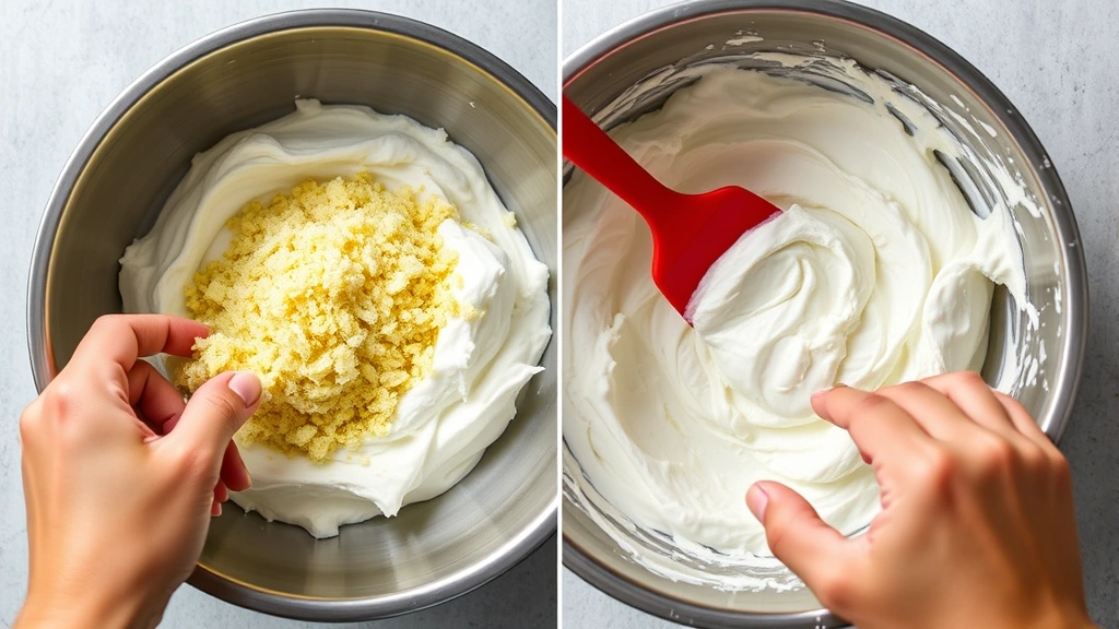 process: Hands folding grated horseradish into fluffy whipped cream with rubber spatula, stainless steel mixing bowl, photorealistic, natural light, no text