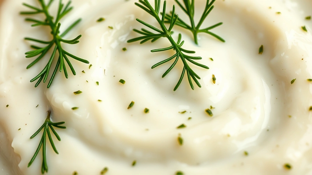 detail: Close-up of creamy horseradish sauce with fresh dill garnish and visible horseradish flecks, photorealistic, macro photography, natural light, no text