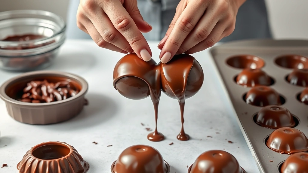 process: hands assembling two chocolate hemisphere shells together, melted chocolate dripping, silicone molds visible, baking sheet setup, photorealistic, bright natural light, no text
