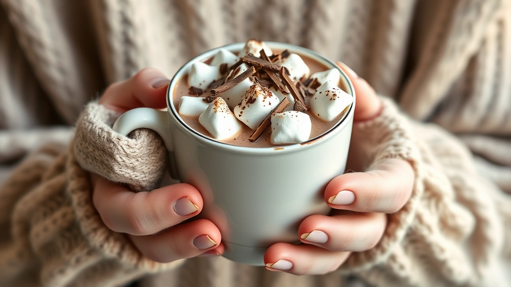 hero: steaming mug of rich hot chocolate with marshmallows and chocolate shavings on top, held by hands in cozy sweater, photorealistic, warm natural light, no text
