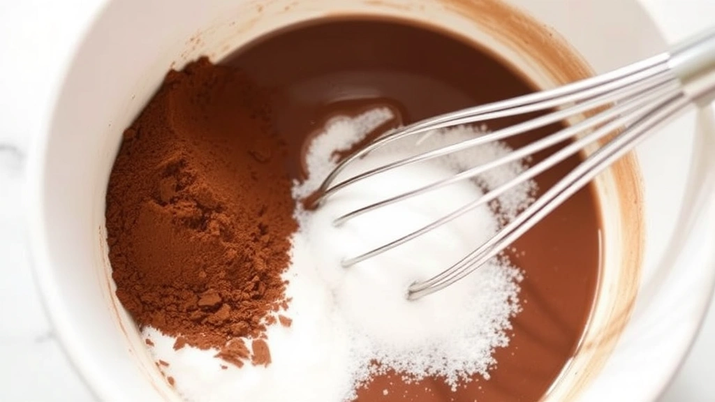 process: ingredients for hot chocolate mix being whisked together in white bowl, cocoa powder, sugar, and chocolate visible, photorealistic, bright natural light, no text