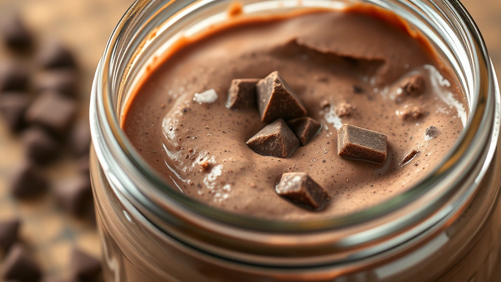 detail: close-up of finished hot chocolate mix in glass jar, rich brown color with visible chocolate pieces, photorealistic, warm natural light, no text