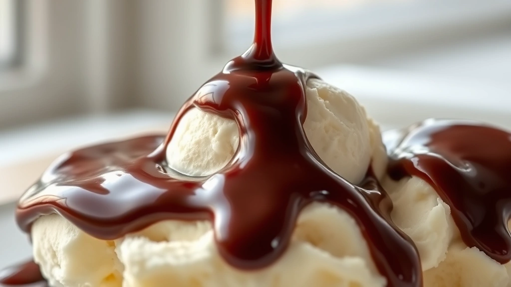 hero: luxurious hot fudge sauce cascading over vanilla ice cream, glossy dark chocolate coating with a hardening shell effect, photorealistic, natural window light, no text
