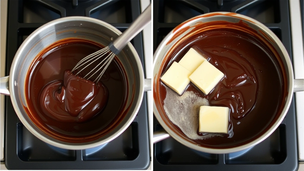 process: melting dark chocolate and butter together in a saucepan on stovetop, rich brown mixture, photorealistic, natural light, no text