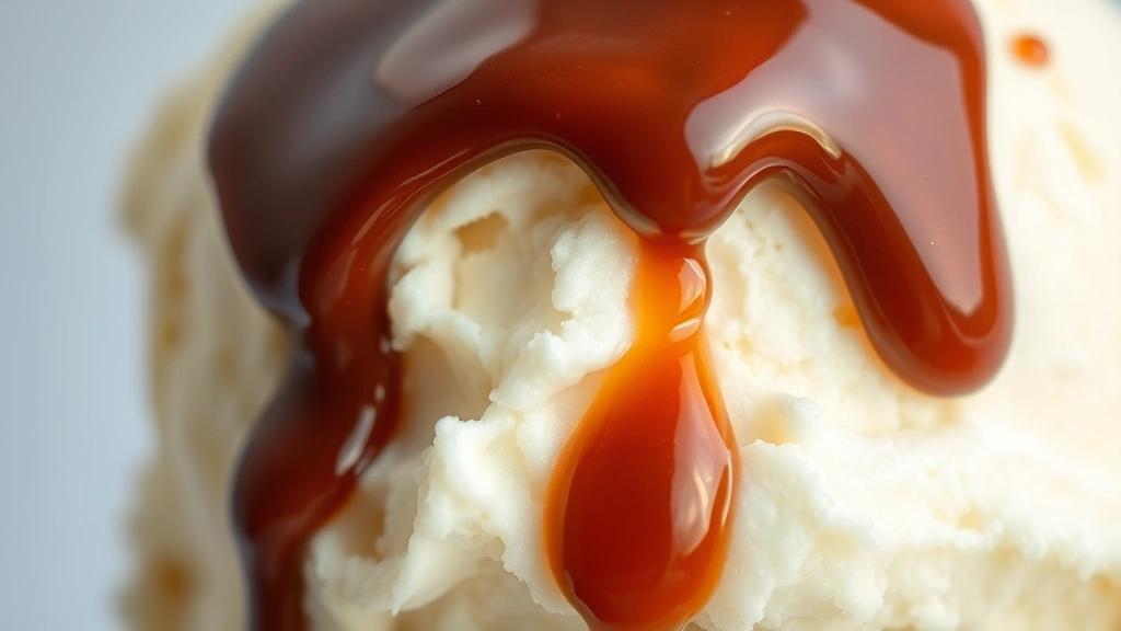 detail: close-up of hot fudge hardening into a shell on cold ice cream, glossy texture with drips, photorealistic, natural light, no text