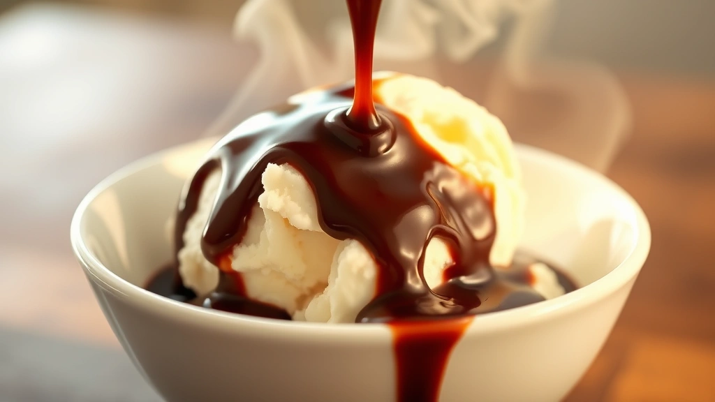 hero: glossy hot fudge sauce dripping over vanilla ice cream in a white bowl, steam rising, photorealistic, natural warm lighting, no text