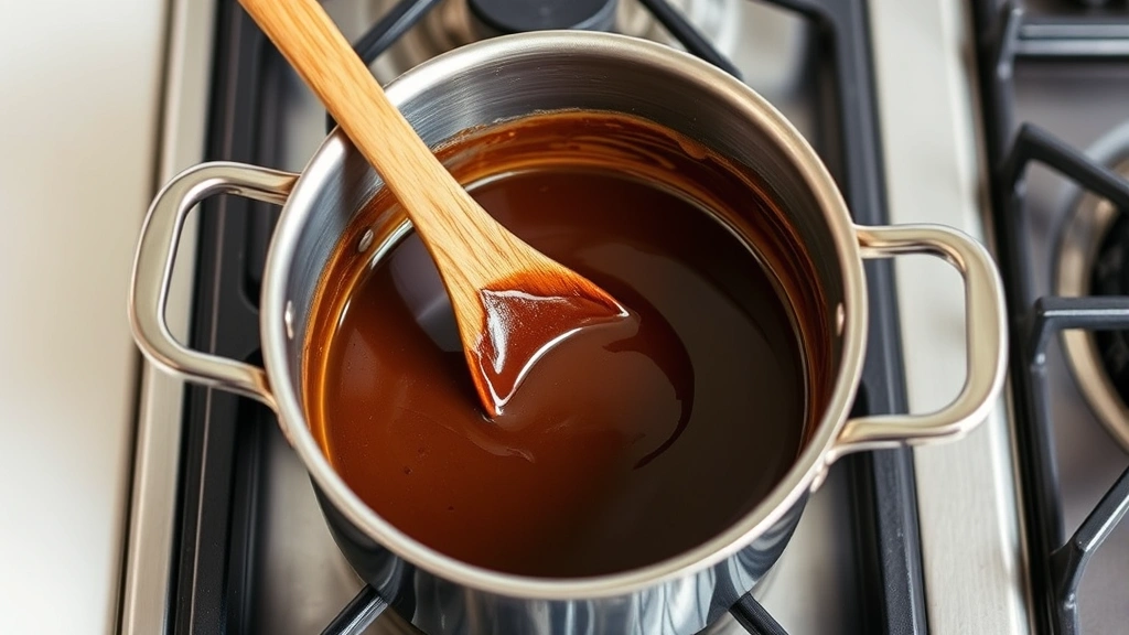 process: saucepan on stove with chocolate sauce bubbling gently, wooden spoon stirring, photorealistic, natural kitchen lighting, no text