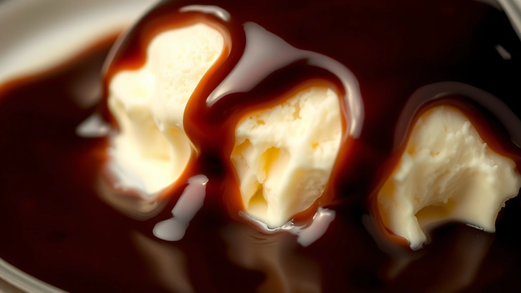 detail: close-up of rich dark fudge sauce pooling on creamy vanilla ice cream, photorealistic, shallow depth of field, natural light, no text