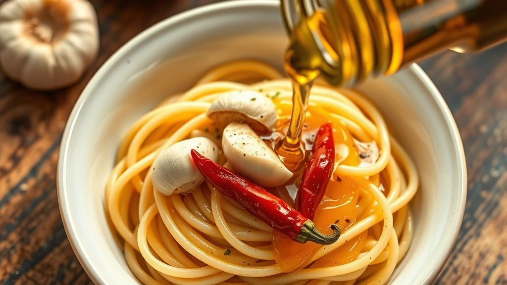 hero: golden spicy hot oil with garlic cloves and red chili peppers infused, pouring over creamy pasta, photorealistic, warm natural lighting from above, no text, gourmet food photography