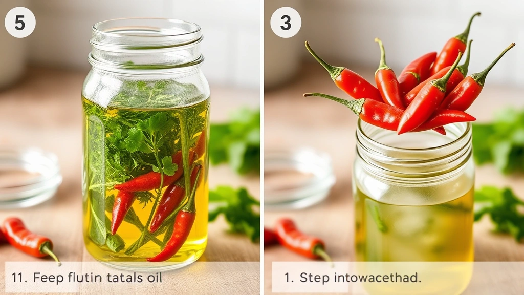 process: glass jar with infusing hot oil, fresh herbs and chili peppers being added, steaming slightly, photorealistic, natural kitchen lighting, no text, step-by-step cooking demonstration