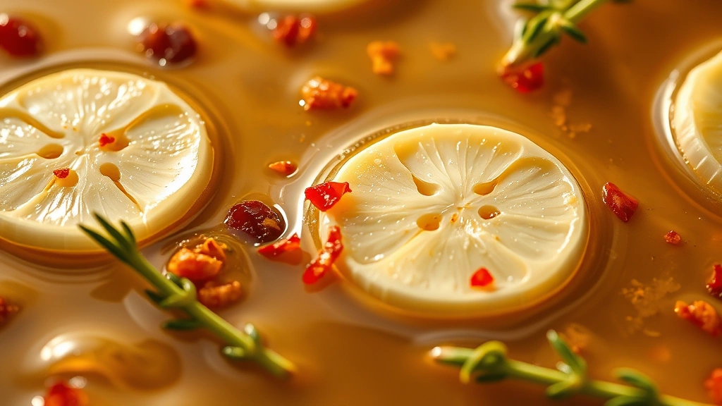 detail: close-up of shimmering hot oil with floating garlic slices, red pepper flakes and thyme sprigs, photorealistic, macro photography with natural light, no text, rich golden tones