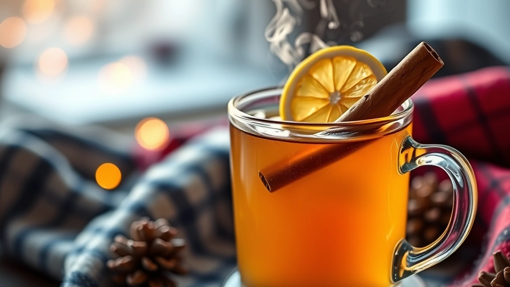 hero: steaming hot toddy in clear glass mug with cinnamon stick and lemon wheel garnish, warm golden liquid, cozy winter setting, photorealistic, natural warm lighting, no text