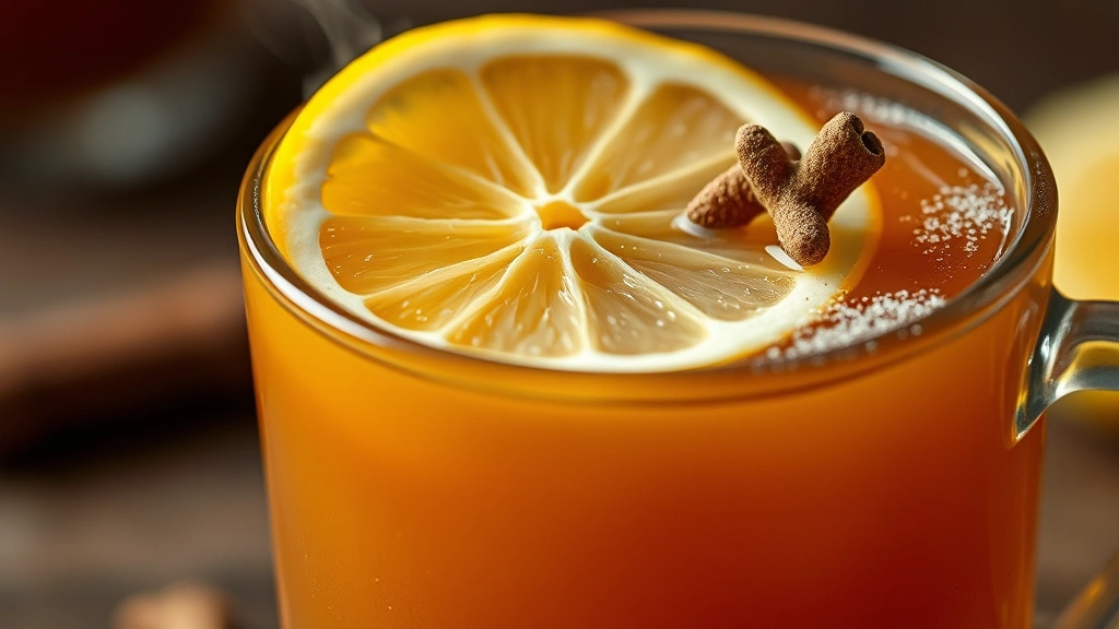 detail: close-up of finished hot toddy with lemon slice garnish and nutmeg dust, steam wisping, warm amber liquid, photorealistic, macro photography, natural lighting, no text