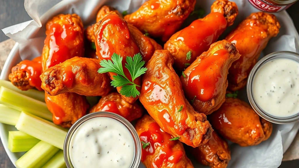 hero: platter of crispy golden Frank's RedHot wings glistening with sauce, garnished with fresh parsley, served with blue cheese dressing and celery sticks, photorealistic, natural overhead lighting, no text