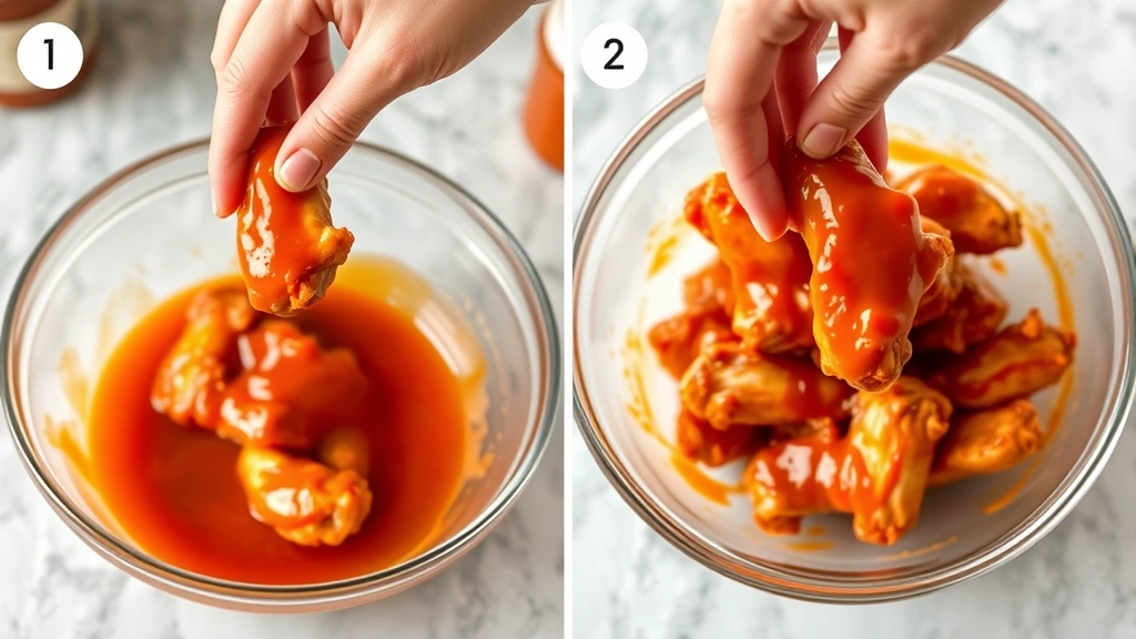process: hands tossing hot chicken wings in a large bowl with Frank's RedHot butter sauce, showing even coating, photorealistic, natural kitchen lighting, no text
