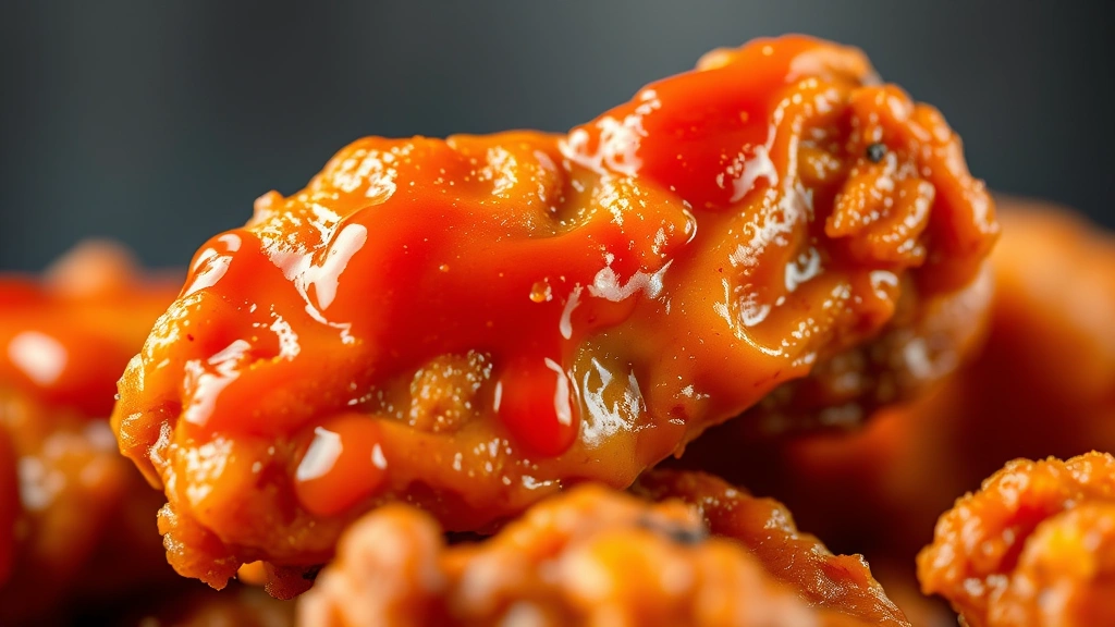 detail: close-up of individual crispy golden wing piece coated in glossy Frank's RedHot sauce, showing crispy skin texture, photorealistic, shallow depth of field, natural lighting, no text