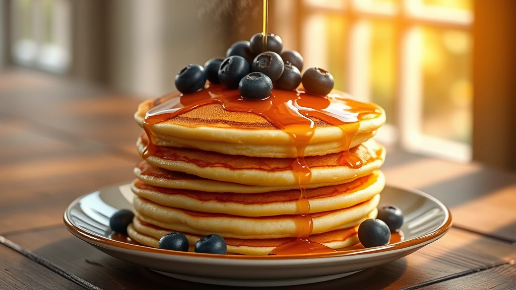 hero: stack of golden fluffy pancakes topped with fresh blueberries and maple syrup drizzle, steam rising, natural sunlight from window, rustic wooden table, photorealistic, no text