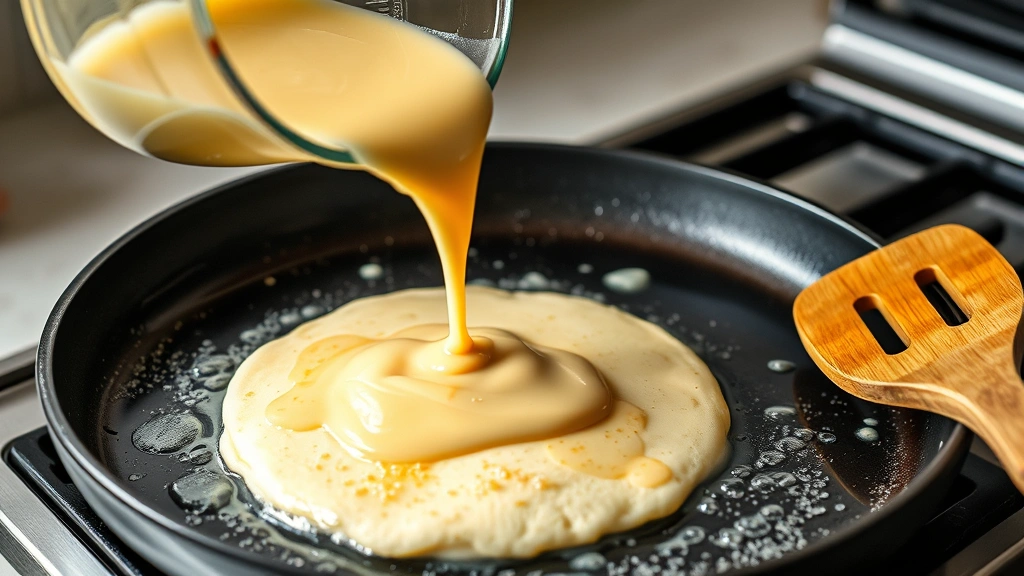 process: pouring pancake batter onto hot buttered griddle, bubbles forming on surface, wooden spatula nearby, natural kitchen lighting, photorealistic, no text