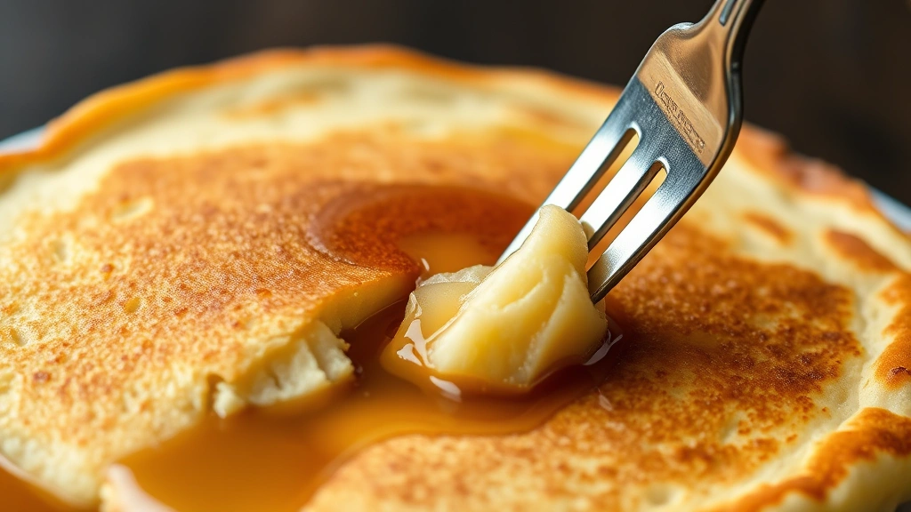detail: close-up of perfectly golden brown pancake with crispy edges and fluffy interior, fork cutting into it, maple syrup pooling, photorealistic, no text