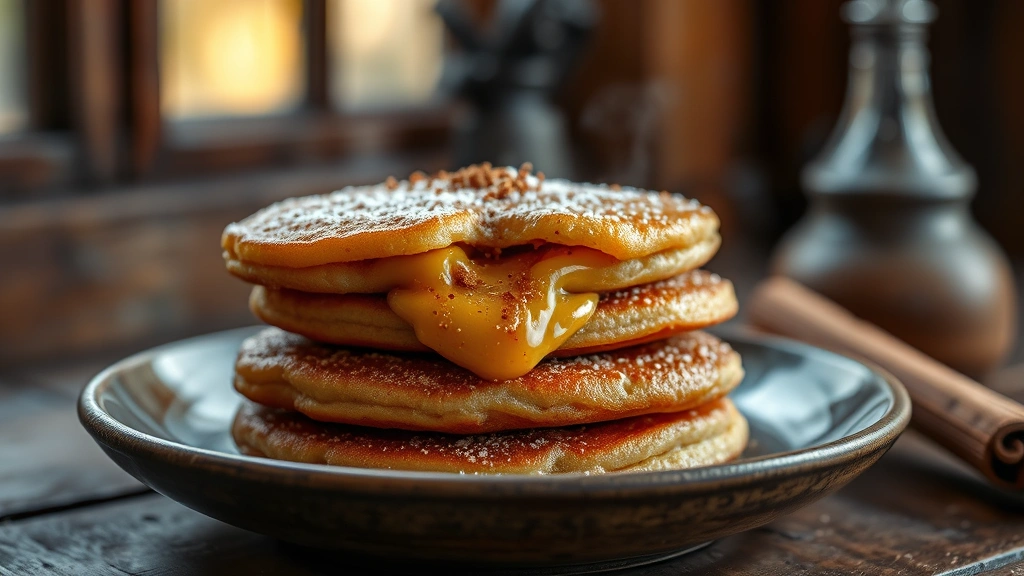 hero: golden-brown hotteok with cinnamon-sugar filling oozing out, stacked on rustic plate, steam rising, warm natural window light, close-up macro shot, food photography
