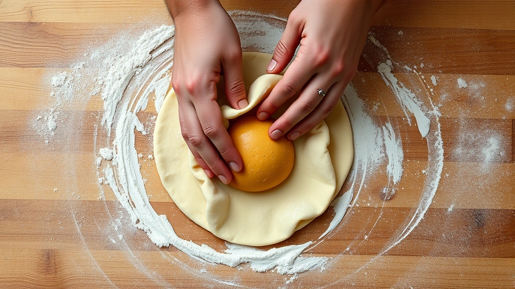 process: hands sealing hotteok dough around filling, wooden work surface with flour dust, action shot mid-preparation, natural daylight, professional food photography