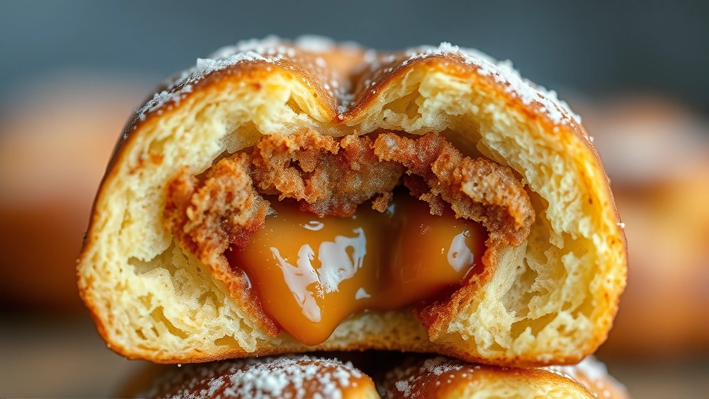 detail: cross-section of hotteok showing melted cinnamon-brown sugar filling interior, crispy golden exterior, warm gooey center, macro photography, shallow depth of field, natural lighting