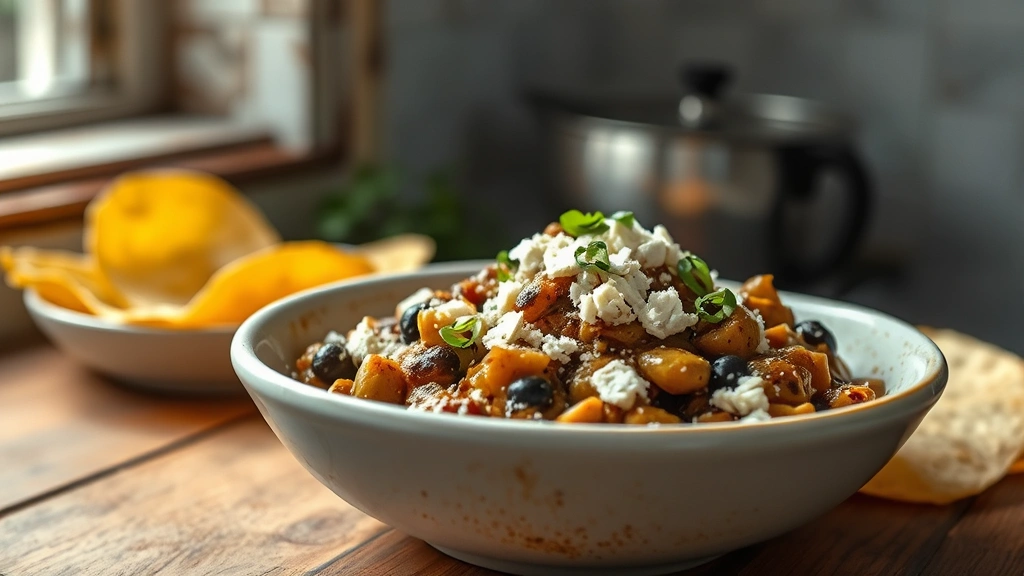 hero: finished huitlacoche in rustic white bowl garnished with fresh epazote and crumbled cotija cheese, warm corn tortillas on the side, photorealistic, natural window light, no text, Mexican kitchen setting