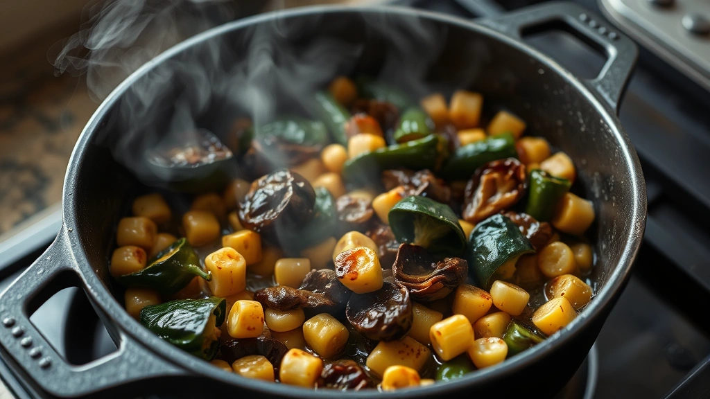 process: sautéing huitlacoche with roasted poblanos and corn in cast iron skillet, steam rising, photorealistic, natural light, no text, showing texture and moisture