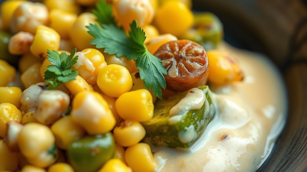 detail: close-up of huitlacoche filling showing individual corn kernels, poblano pieces, and creamy sauce, garnished with fresh herb, photorealistic, natural light, no text, macro photography style