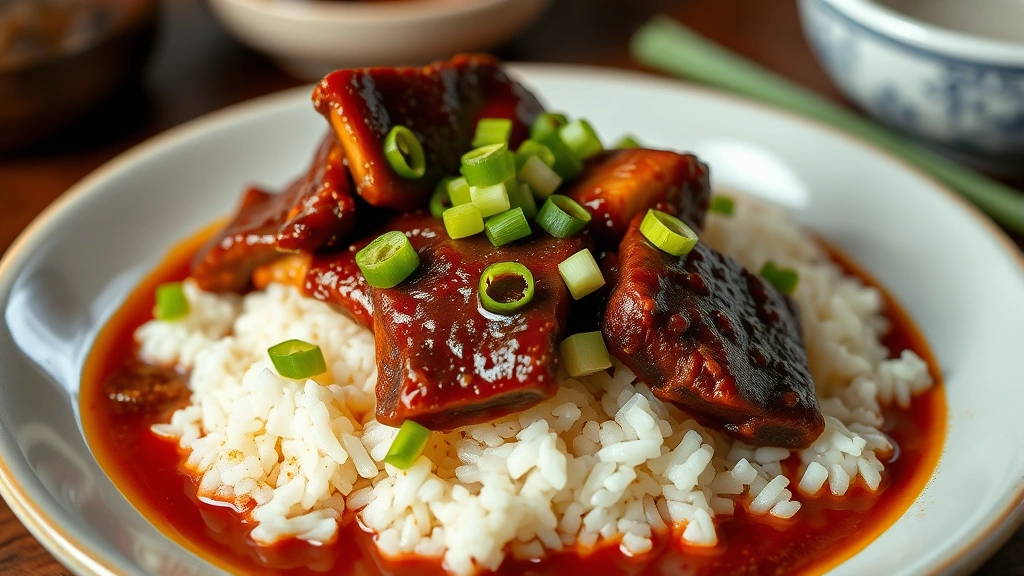 hero: Filipino humba pork belly braised in dark glossy sauce served over steaming white rice with green onion garnish, photorealistic, warm natural lighting, close-up table setting, no text
