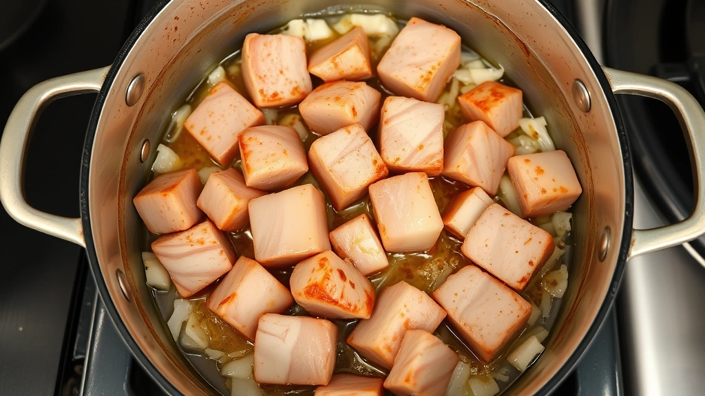 process: pork belly cubes being browned in Dutch oven pot with garlic and onions, cooking action shot, photorealistic, natural kitchen lighting, no text