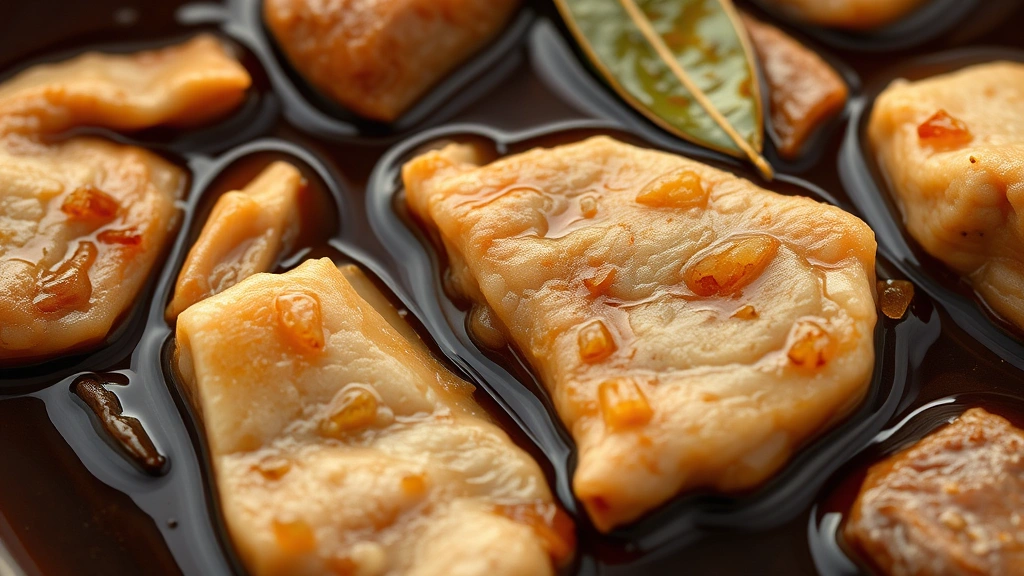 detail: close-up of tender braised pork pieces in glossy dark soy-vinegar sauce with bay leaves visible, photorealistic macro photography, warm diffused lighting, no text