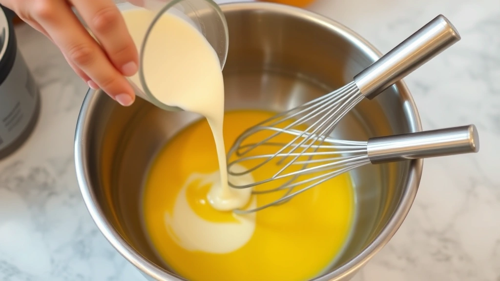 process: hand pouring hot cream into egg yolk mixture while whisking, steam rising, stainless steel bowl and whisk visible, photorealistic, warm kitchen lighting, no text