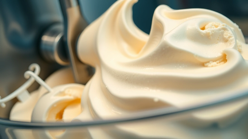 detail: close-up of ice cream machine churning creamy soft-serve ice cream, paddle visible, rich vanilla color, photorealistic, cool lighting, no text