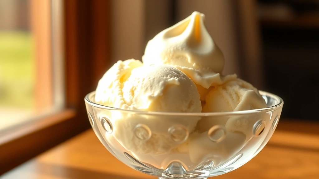 hero: freshly scooped vanilla ice cream in a crystal bowl, showing creamy texture with slight shine, warm natural sunlight streaming through window, shallow depth of field, no text or watermarks