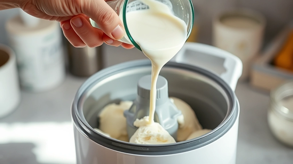 process: hand pouring cold cream mixture into ice cream maker, churning mechanism visible, morning kitchen lighting, action shot, no text or labels
