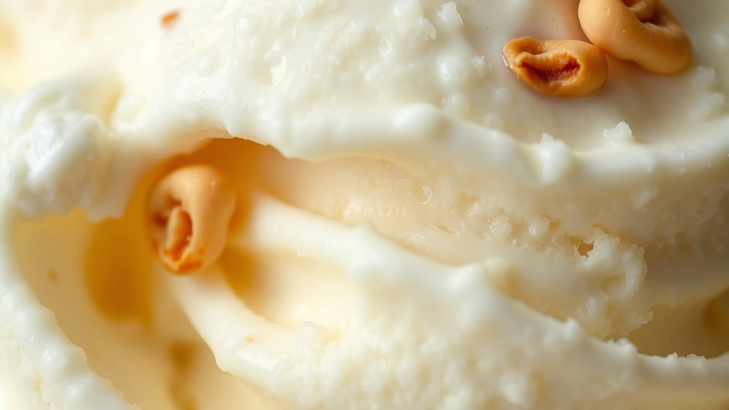 detail: close-up of ice cream texture showing smooth creamy consistency with slight ripple, garnished with vanilla bean specks, macro photography with soft natural light, no text