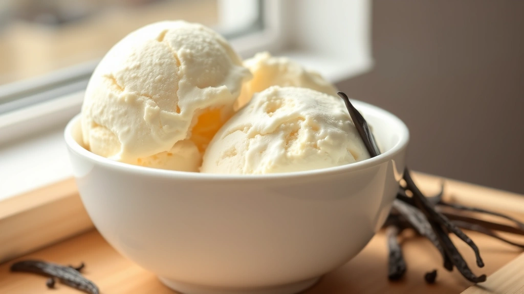 hero: creamy vanilla ice cream scoops in a white bowl with fresh vanilla beans on the side, photorealistic, natural window light, no text