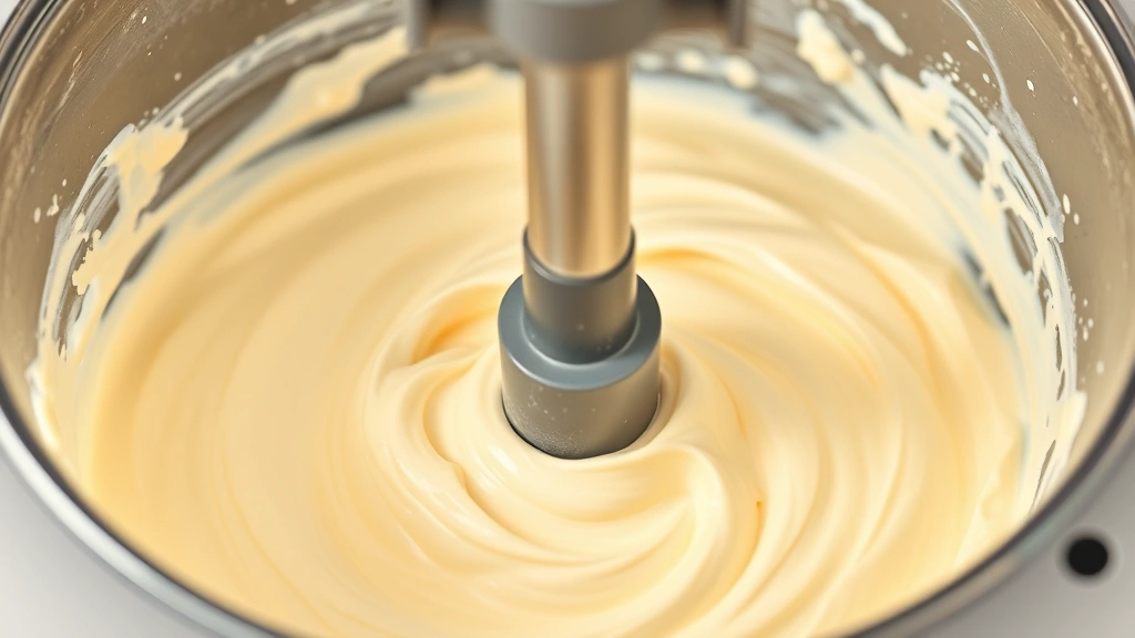 process: ice cream maker churning vanilla custard mixture, close-up of the paddle and creamy texture forming, photorealistic, natural light, no text