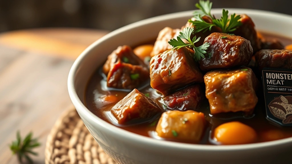 hero: steaming bowl of rich Monster Meat stew with tender beef cubes, mushrooms, and glossy brown sauce, garnished with fresh parsley and rosemary, photorealistic, natural golden hour light, no text, shallow depth of field