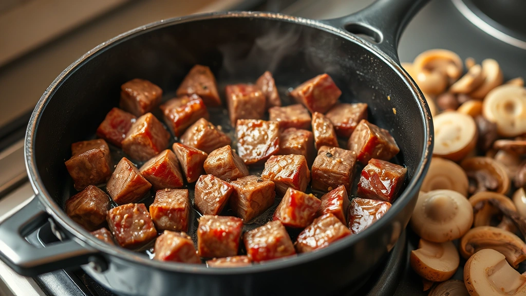 process: searing beef cubes in cast iron pot with visible browning and caramelization, mushrooms and onions cooking nearby, photorealistic, warm kitchen lighting, no text