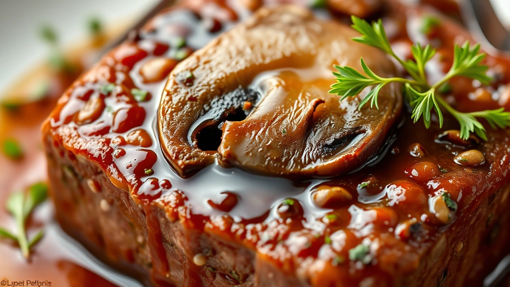 detail: close-up of tender beef cube with mushroom slice and rich sauce coating, fresh herbs visible, photorealistic, macro photography style, natural light, no text