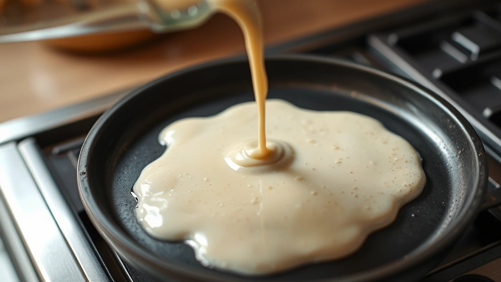 process: pouring pancake batter onto hot griddle with bubbles forming on surface, photorealistic, warm kitchen light, no text