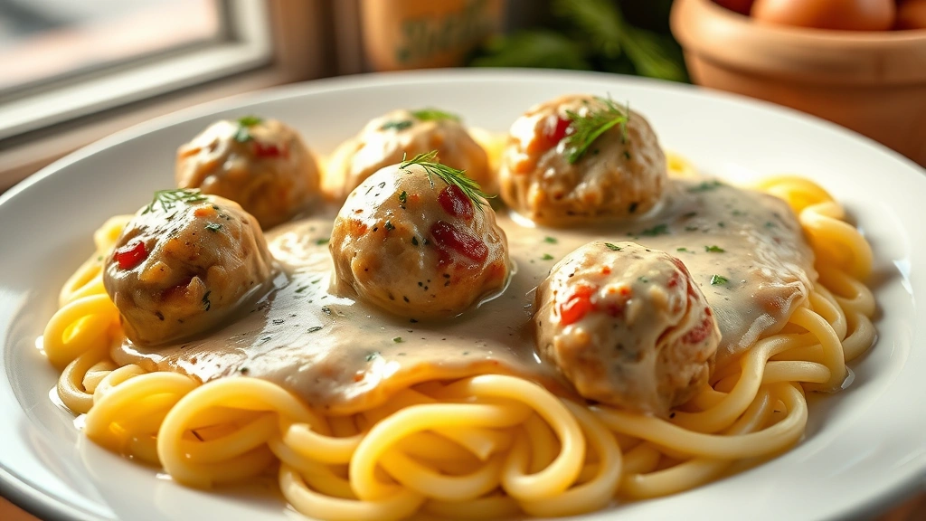 hero: Swedish meatballs in creamy sauce over egg noodles, garnished with fresh dill and parsley, photorealistic, warm natural light from window, no text, cozy dining setting