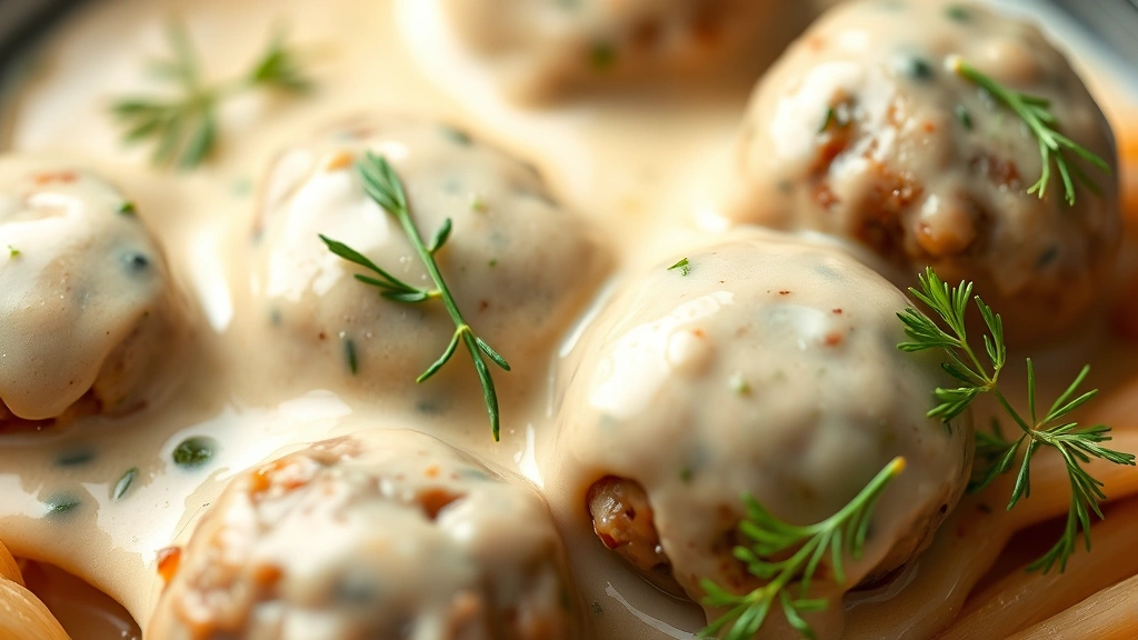 detail: close-up of creamy sauce coating meatballs, fresh dill garnish visible, photorealistic, warm natural light, shallow depth of field, no text