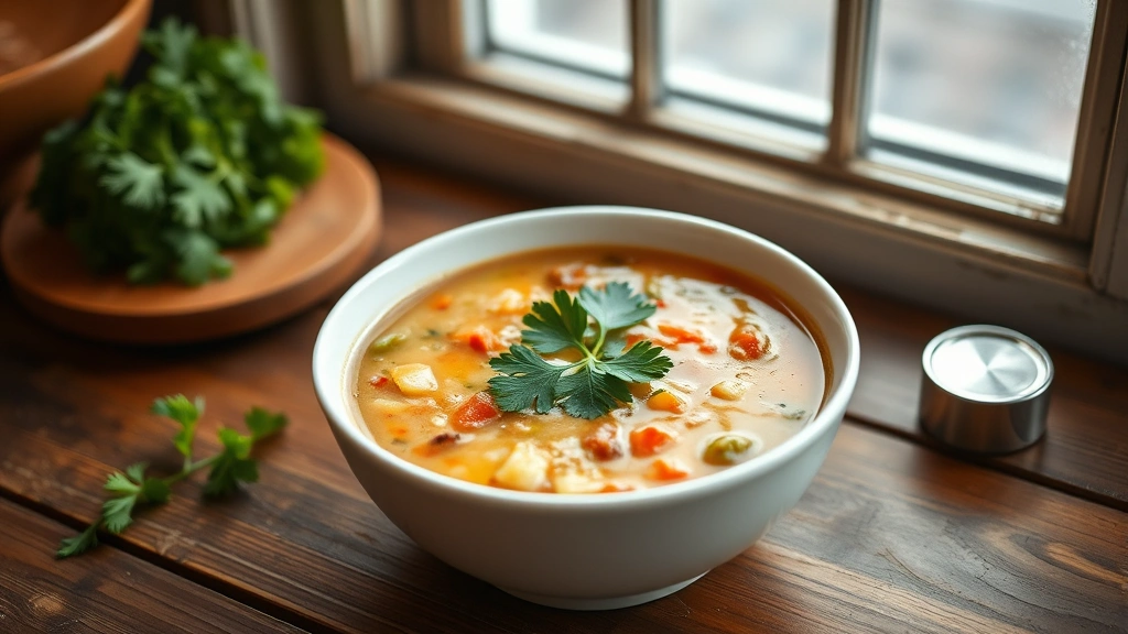 hero: creamy vegetable soup in white bowl with parsley garnish, warm natural window light, rustic wooden table background, no text