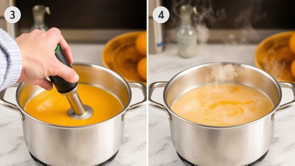process: hand blending soup with immersion blender in stainless steel pot, steam rising, professional kitchen lighting, action shot, no text