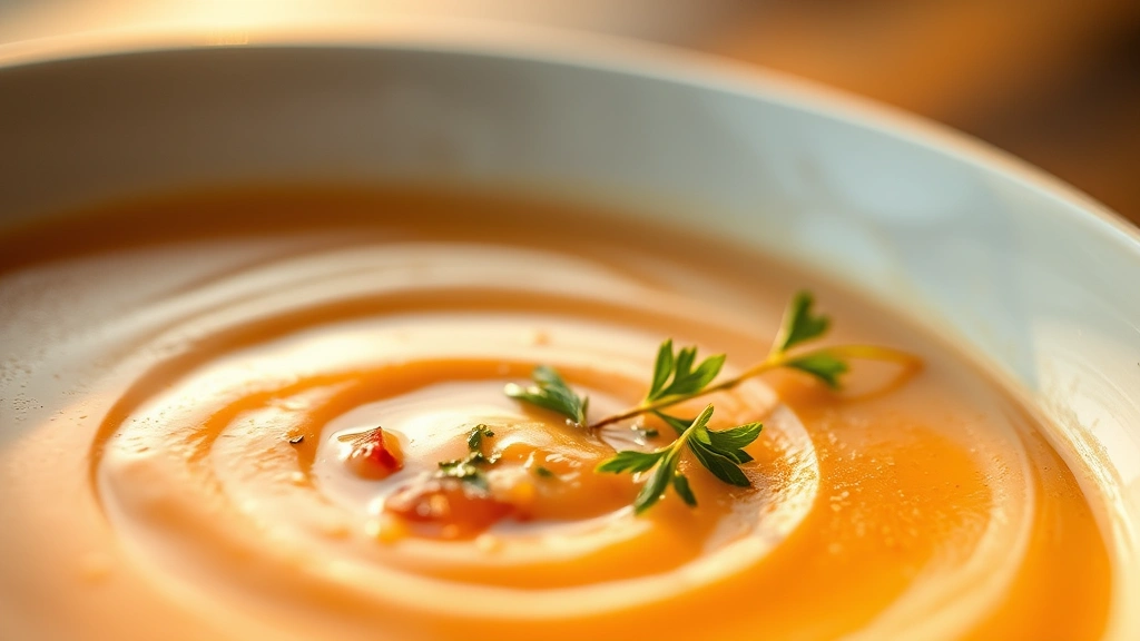 detail: close-up of silky smooth soup texture with garnish, shallow depth of field, warm golden hour lighting, no text