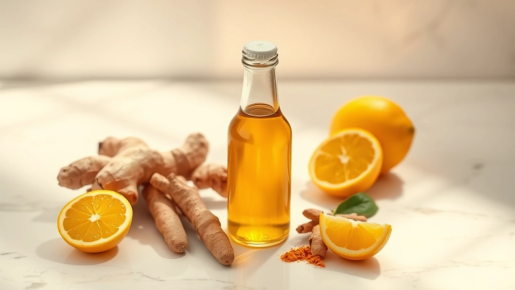 hero: golden immunity shot in small glass bottle with fresh ginger, turmeric root, and lemon halves arranged beside it, warm natural sunlight streaming through, minimalist white marble surface, photorealistic, professional food photography, no text